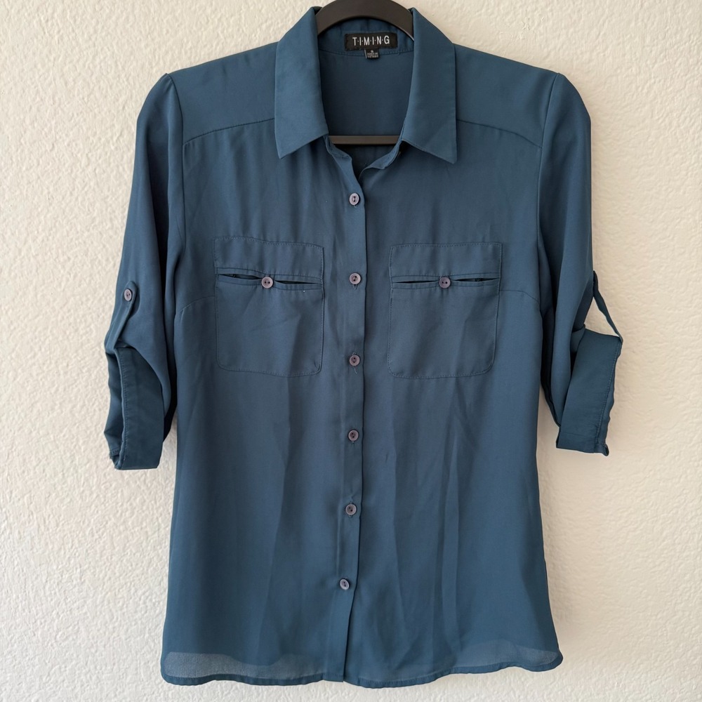 Timing Button Up Blouse Womens Small Teal Roll Tab Sleeve Utility Pocket Top